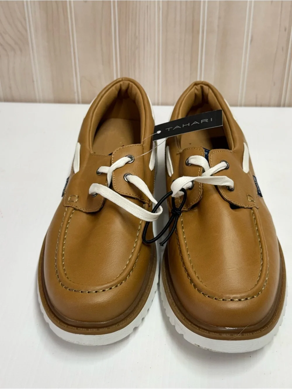 Tahari Men’s Brown Leather Boat Shoes with White Accents